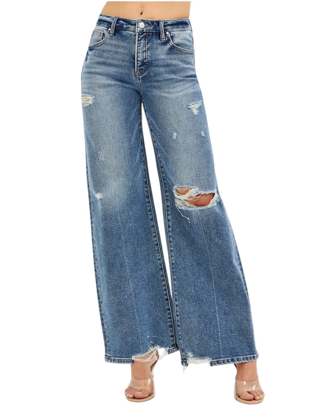 High-Rise Distressed Wide-Leg Jeans - Blue